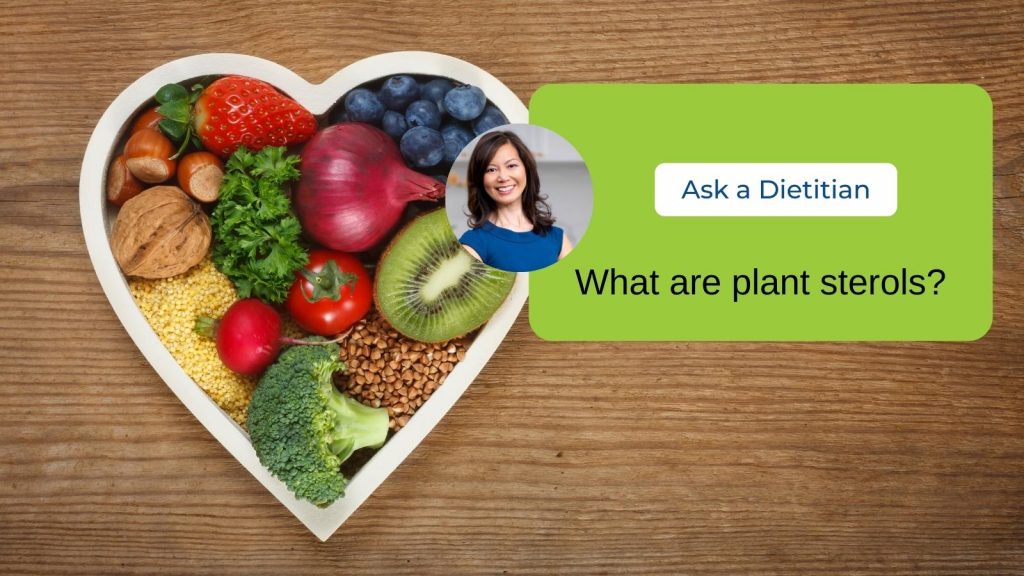 A heart shaped bowl filled with broccoli, blueberries and kiwi. A small headshot of Sue is in the photo with the caption reading "What are plant sterols?"