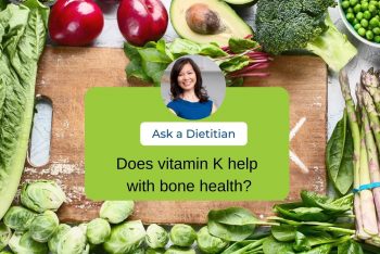 Vitamin K rich foods such as beets, avocado, Brussels sprouts and leafy greens. A headshot of Sue is in the middle with the words Ask a Dietitian.