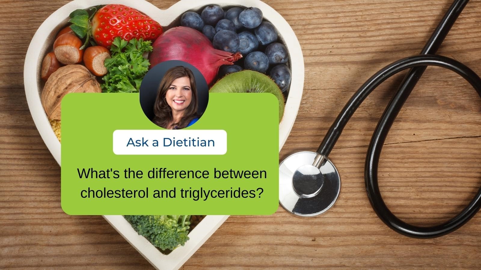 Ask the dietitian image of Lucia Weiler RD over a heart shaped bowl with berries and stethoscope