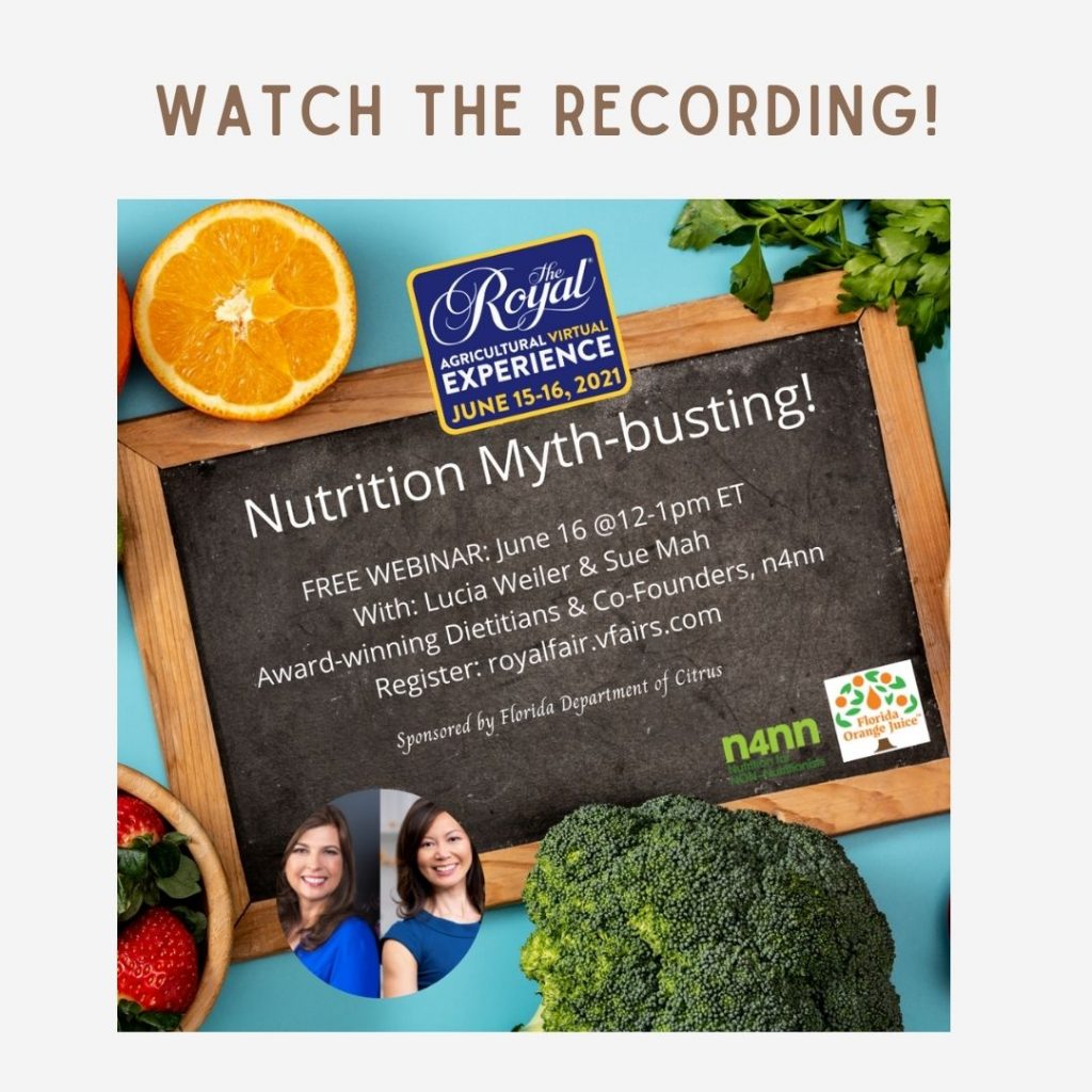 Webinar title Nutrition Myth-busting written on a small blackboard, surrounded by images of fruit, a headshot of Lucia and Sue, and the logos for Nutrition for NON-Nutritionists, Royal Fair and Florida Department of Citrus.