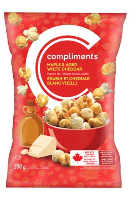 a package of maple and aged white cheddar popcorn 