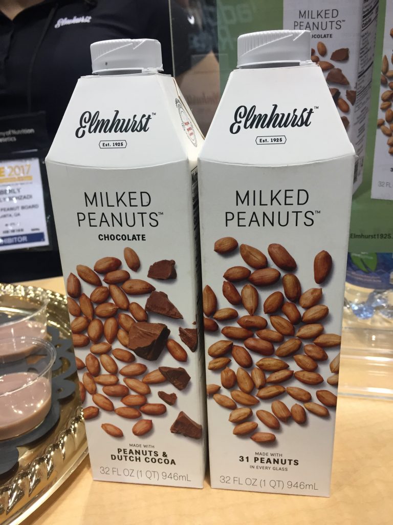 Elmhurst Milked Peanuts – 2 new beverage options: straight up peanuts (made with 21 peanuts) or peanuts plus Dutch cocoa. Contains 8 g of protein per cup however not fortified with either calcium, vitamin D or vitamin B12. 