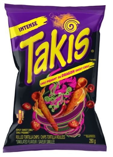 a package of tortilla chips in a bright purple bag with yellow lettering